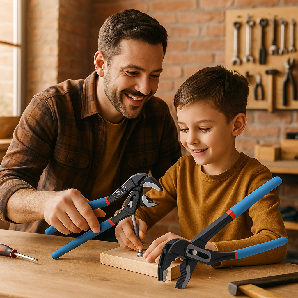 papa et son fils et multiprise pince