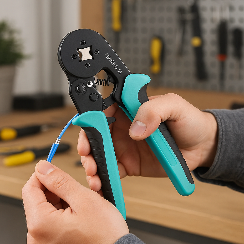 personne utilisant sa pince a sertir