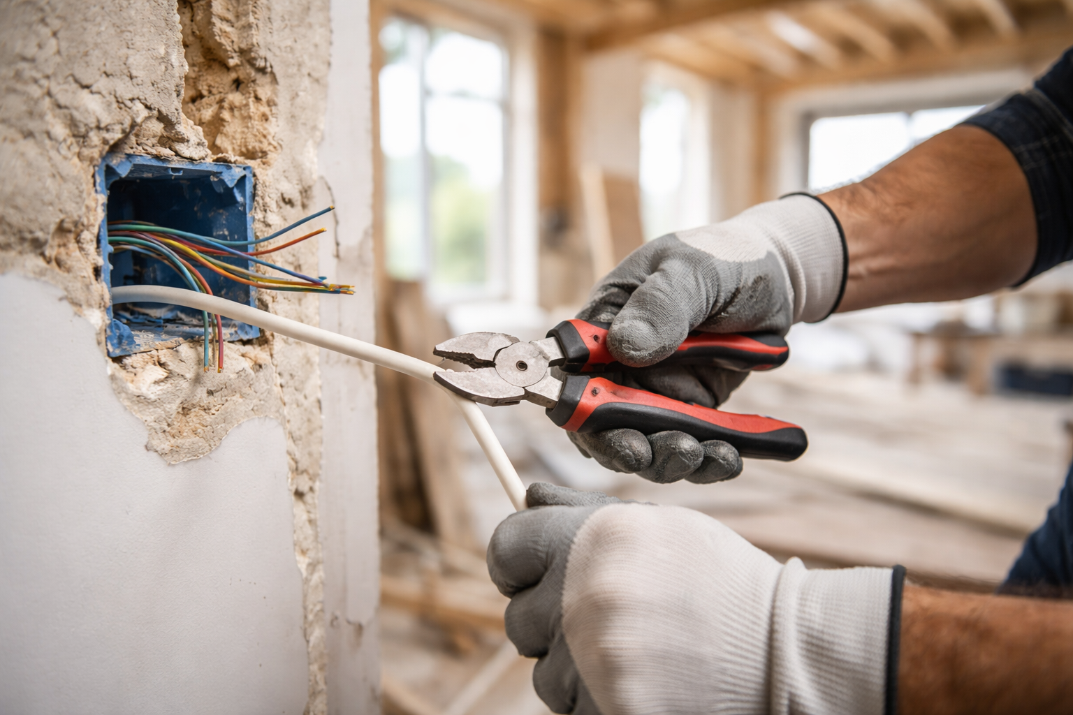Electricien coupant un câble électrique