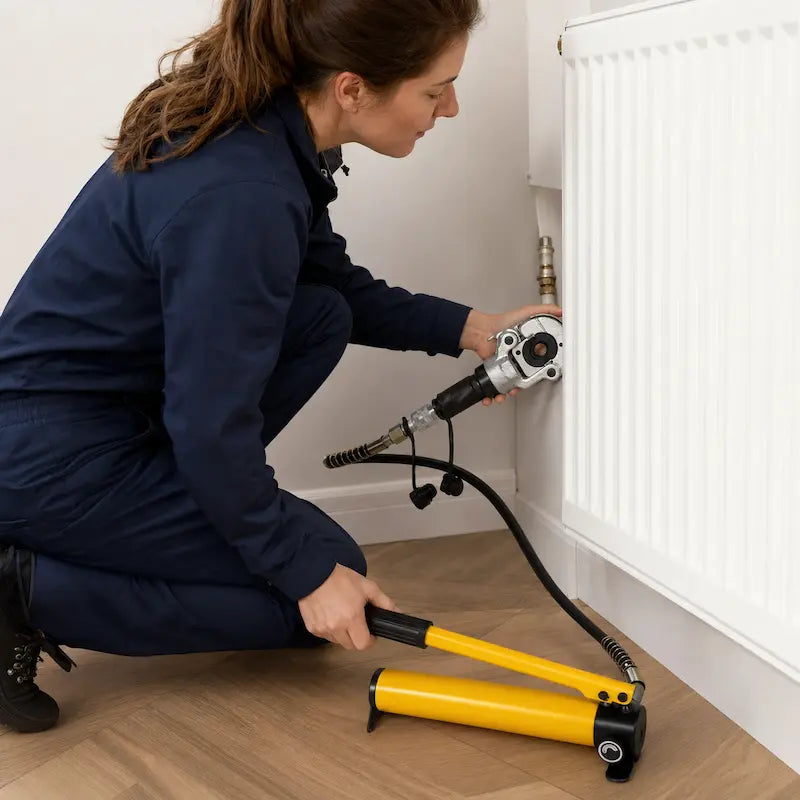 Pince à sertir PER professionnelle utilisée derrière un radiateur