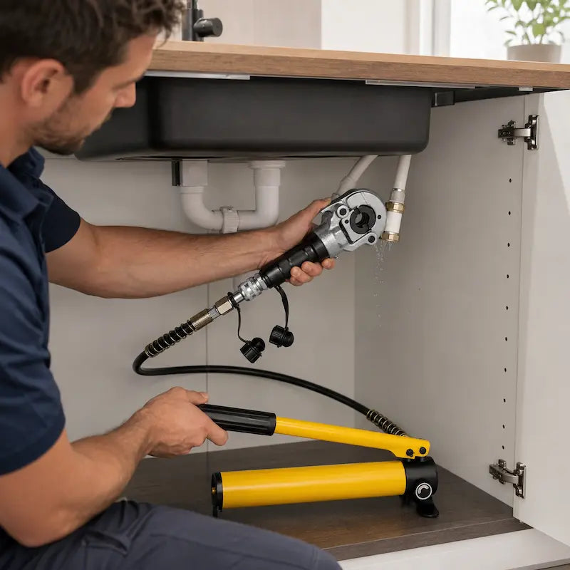 Plombier utilisant une pince à sertir PER hydraulique sous un évier