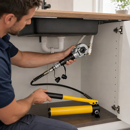 Plombier utilisant une pince à sertir PER hydraulique sous un évier
