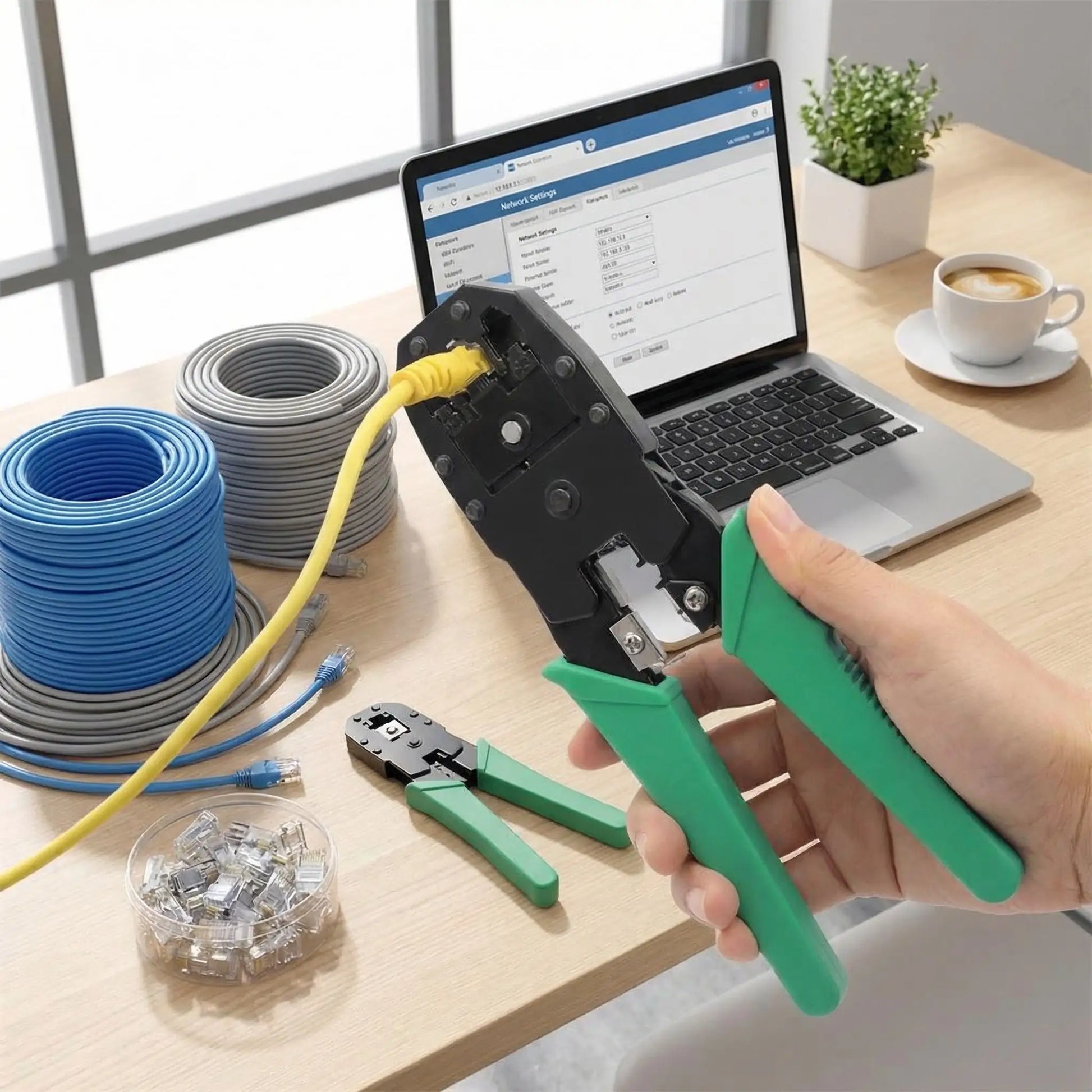 RJ45 pince à sertir devant ordinateur