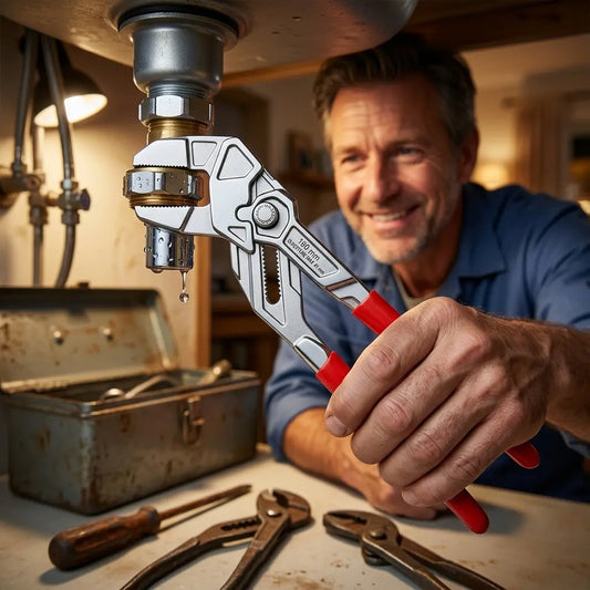 bricoleur dans son garage avec sa pince pour plomberie Quick Adjust