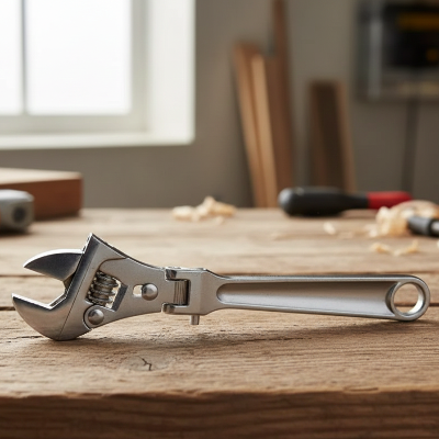 cle a molette a cliquet posee sur etabli