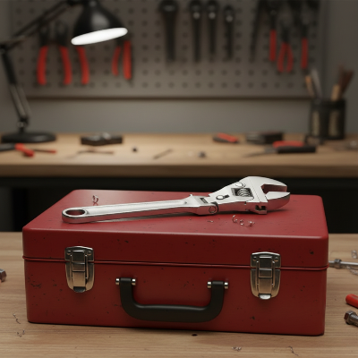 cle a molette a cliquet sur caisse a outils