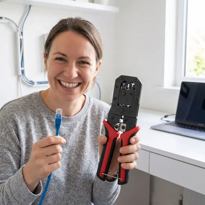 dame fière de sa pince à sertir rj45 professionnelle ergonomique