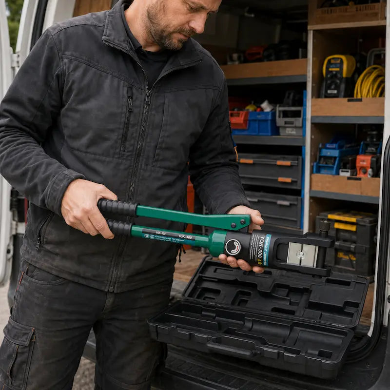 Électricien transportant une pince hydraulique YQK-300 depuis son véhicule