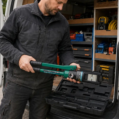 Électricien transportant une pince hydraulique YQK-300 depuis son véhicule