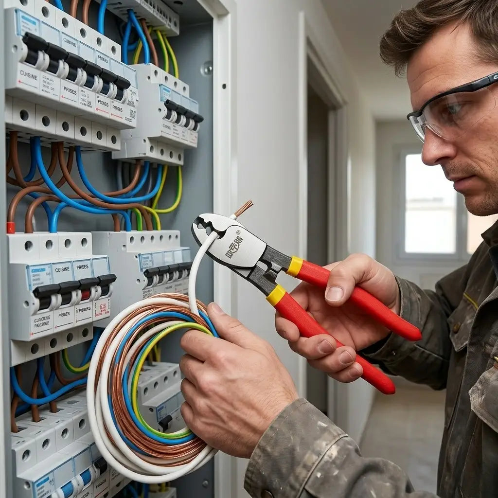 electricien et sa pince coupe cable sur chantier