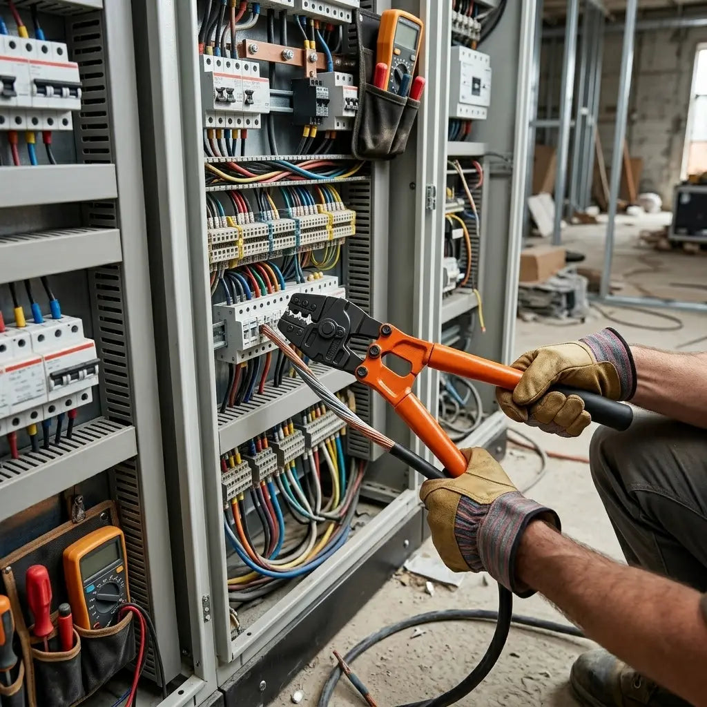 électricien pince à sertir professionnelle multigrip devant armoire électrique