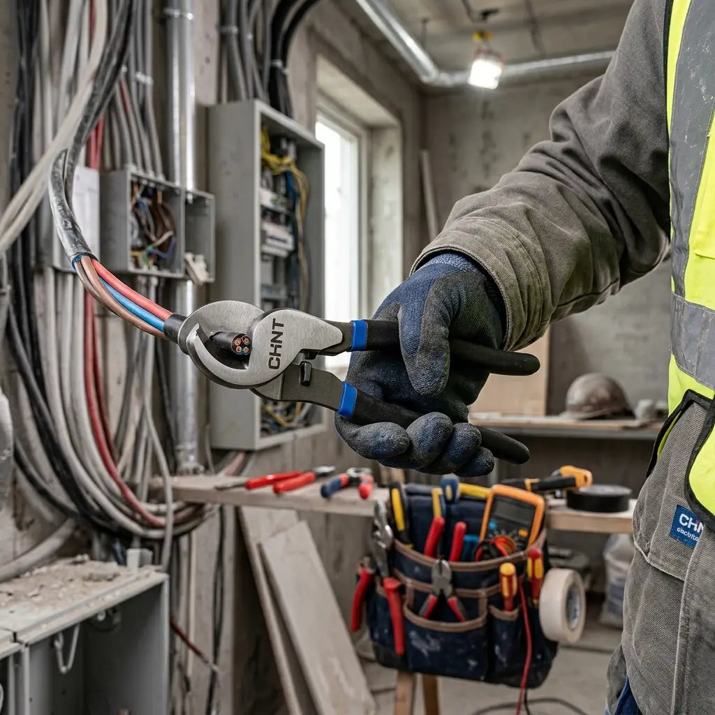 electricien utilisant sa pince coupante electrique ergonomique 4 en 1