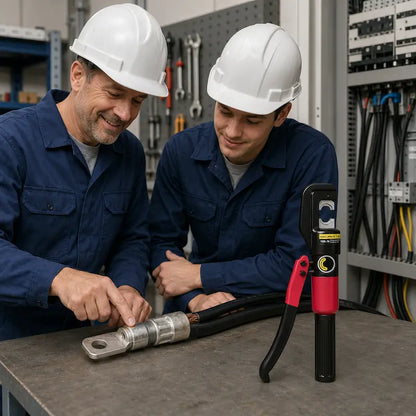 Électriciens contrôlant une connexion réalisée avec une pince à sertir hydraulique YQK-70