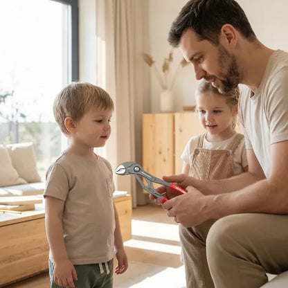 enfants regardant papa avec sa pince multiprise
