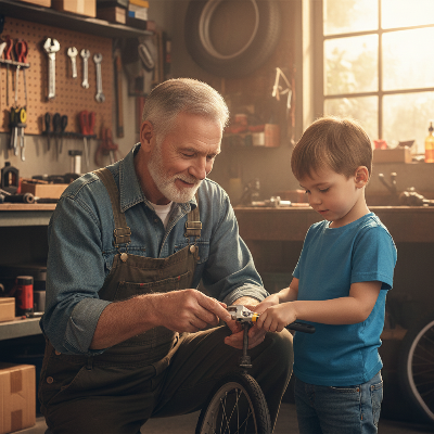grand père et son petits fils utilisant cle a molette