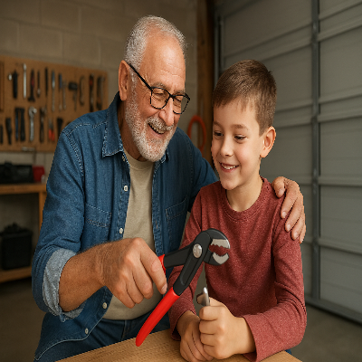 grand père et son petit fils utilisant pince multiprise