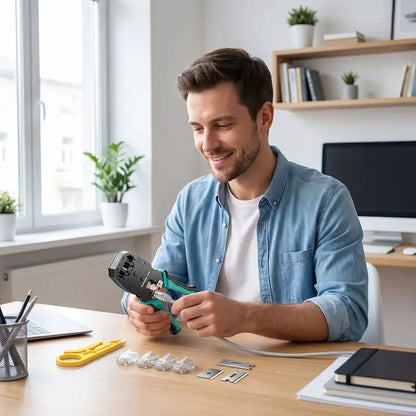 informaticien reseau et pince pour RJ45 sur table