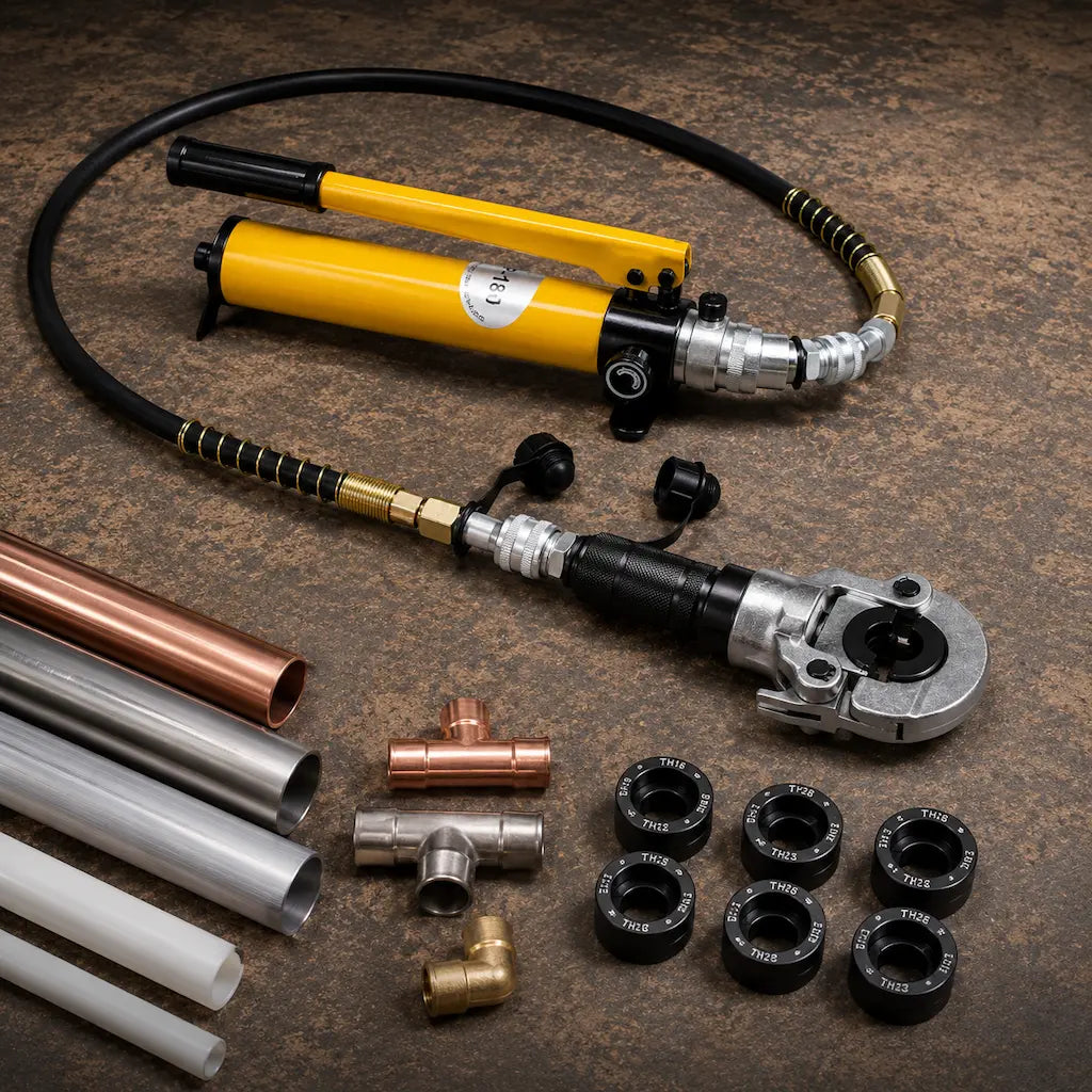 la pince à sertir plomberie hydraulique jaune sur établi et raccords divers
