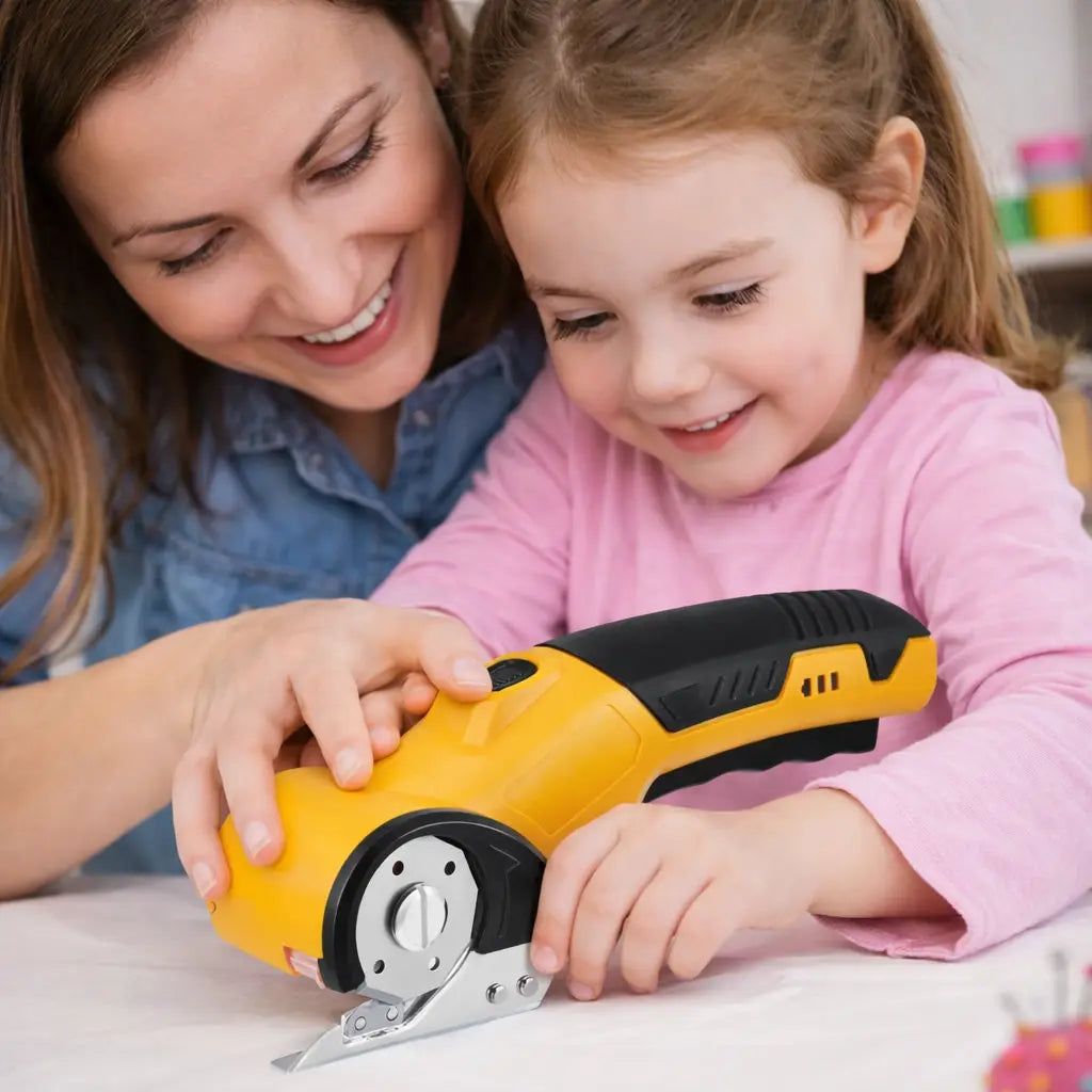 maman fille utilisant ciseaux electriques sans fil 240 CPM sur etabli
