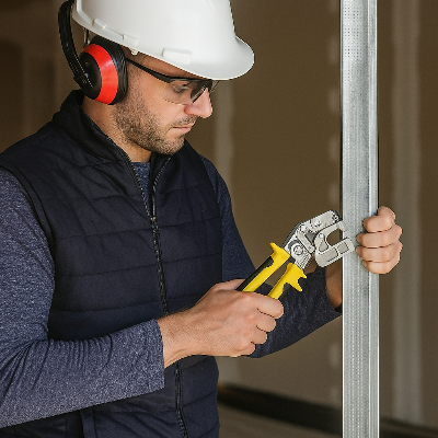 ouvrier tenant pince à sertir placo