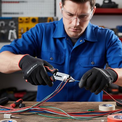 ouvrier utilisant sa pince a denuder