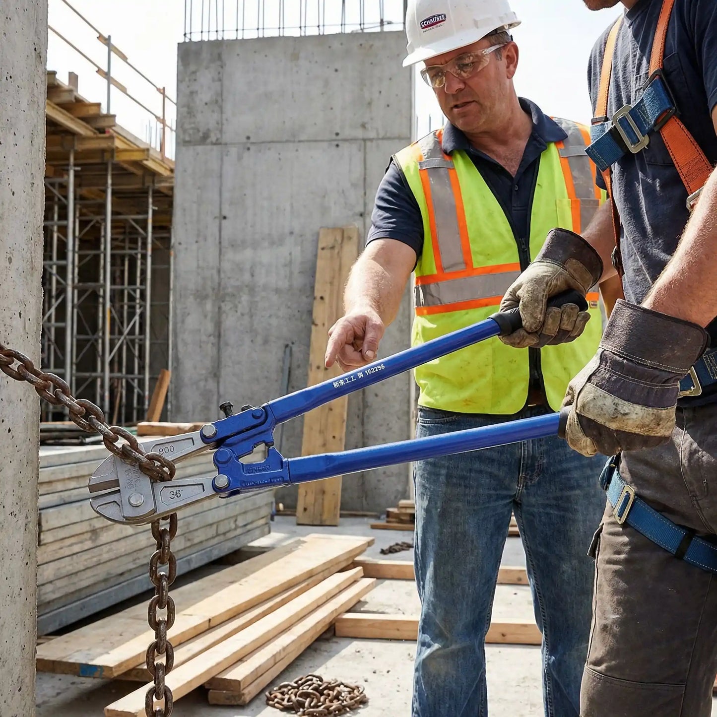 ouvriers manipulant pinces coupe boulon