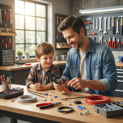 papa et enfant et pince a sertir