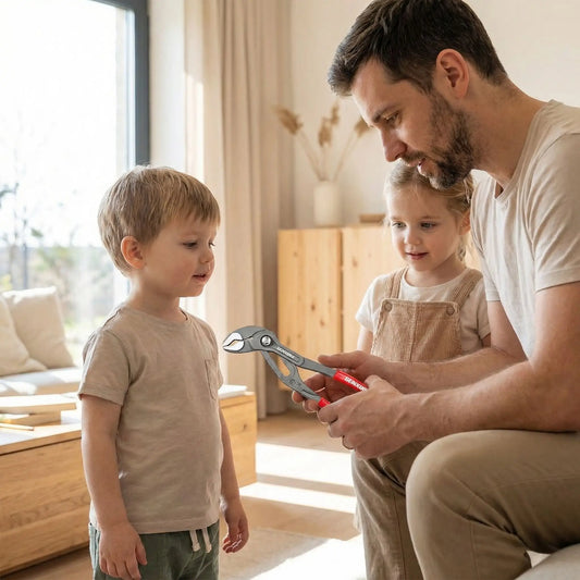 papa et ses enfants montrant sa pince multiprise