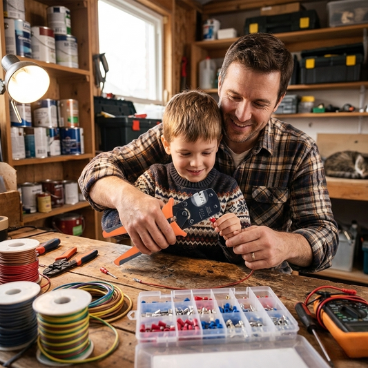 papa et son fils manipulant pince a sertir