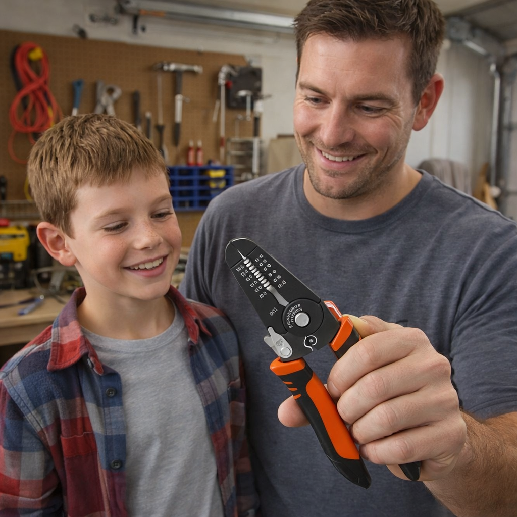 papa et son fils utilisant pince a denude