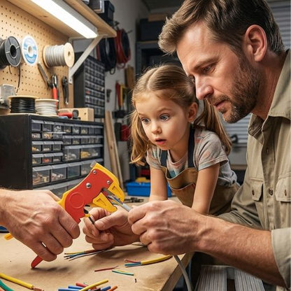 papa fille utilisant pince a denuder automatique