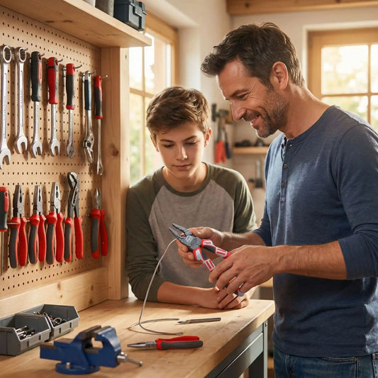 papa montrant sa pince coupante cable a son fils