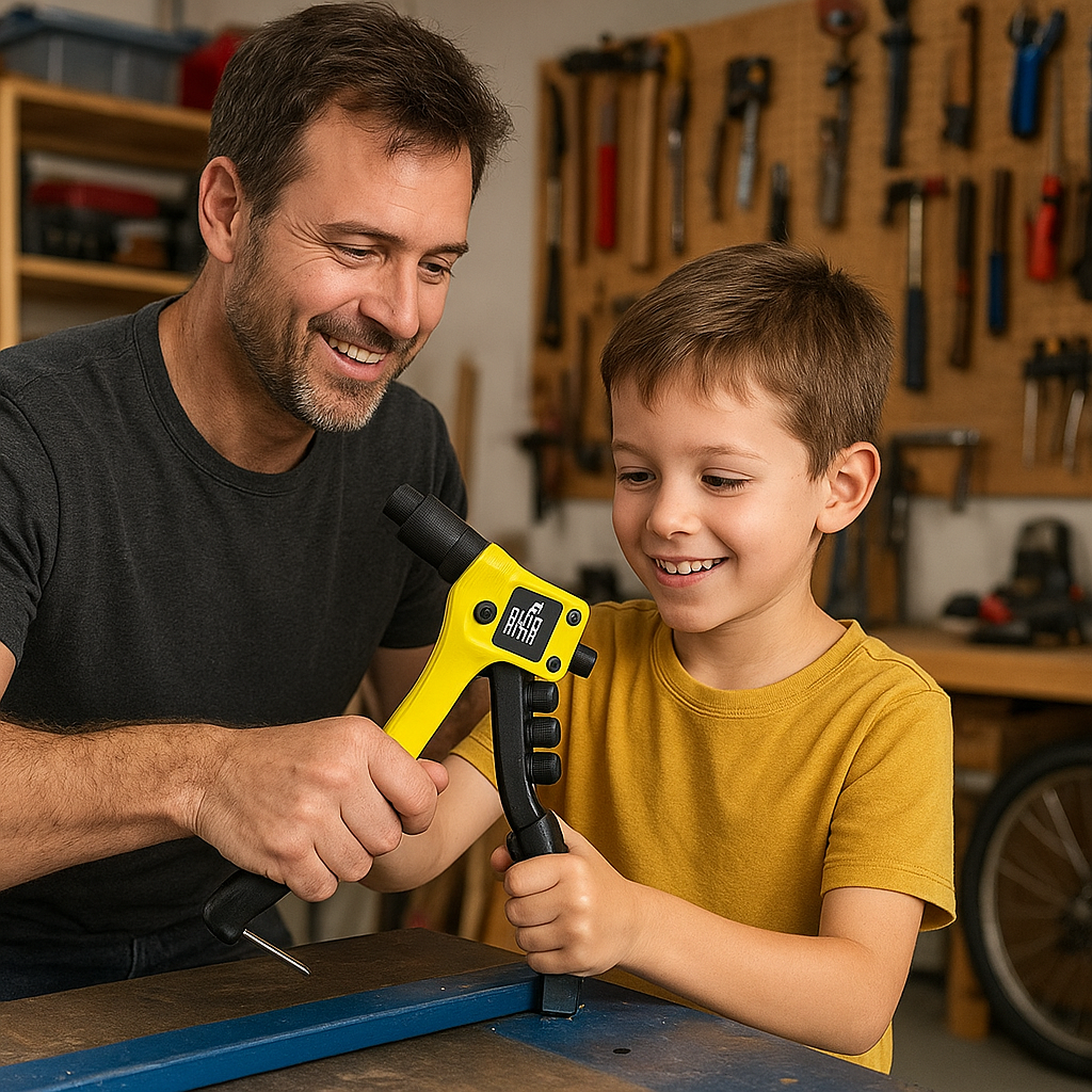 père et fils et pince à rivet