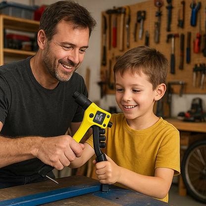 père et fils et pince à rivet