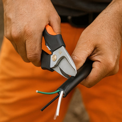 personne découpant cable avec pince a dénuder