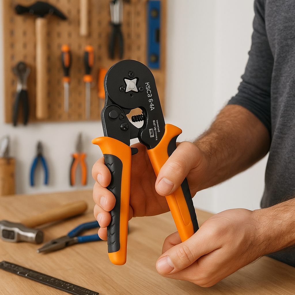 personne tenant la pince a sertir