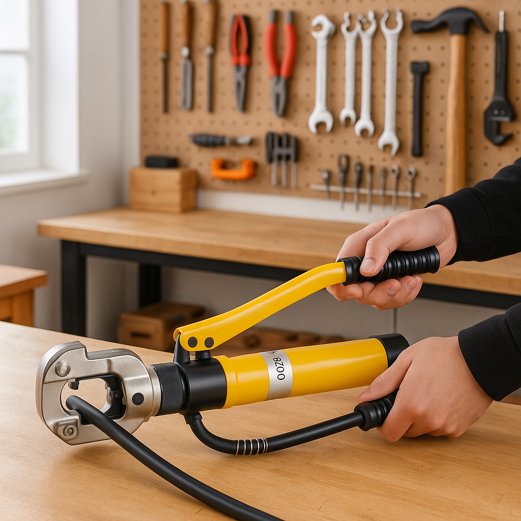 personne tenant pince a sertir hydraulique