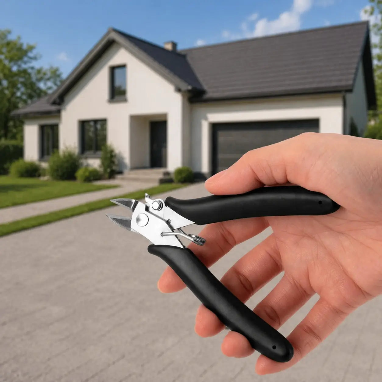 petite pince coupante ergonomique devant une maison