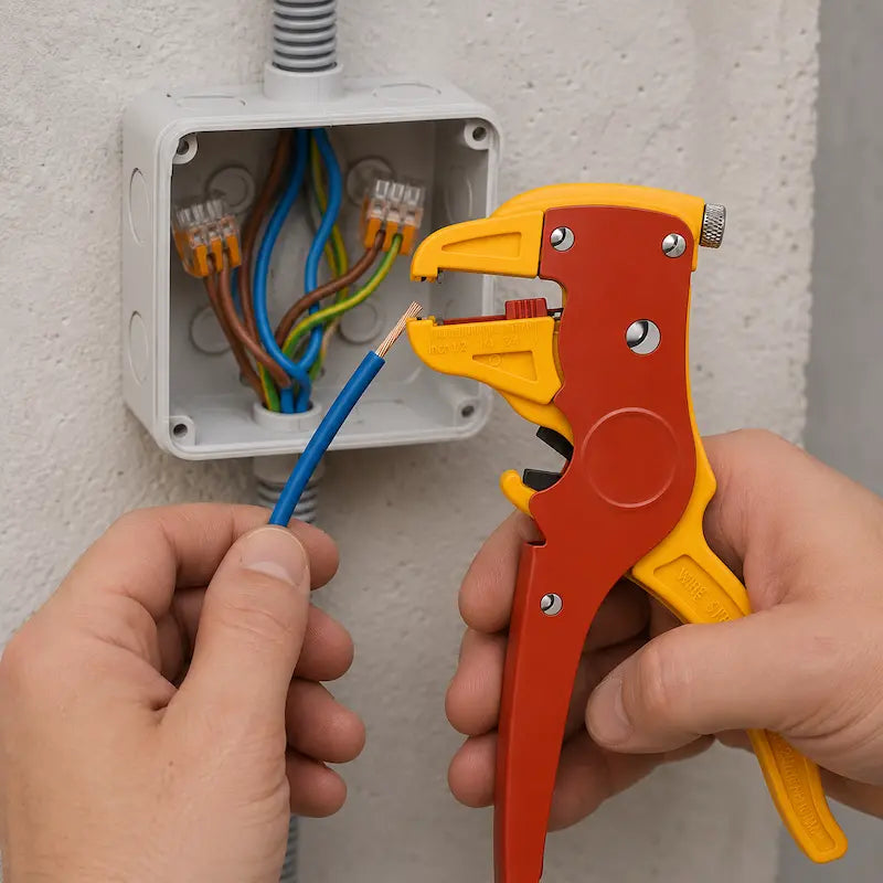 pince a denuder automatique devant boite de connexion