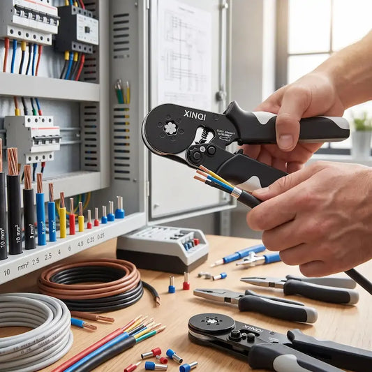 pince a sertir cosse auto ajustable en main