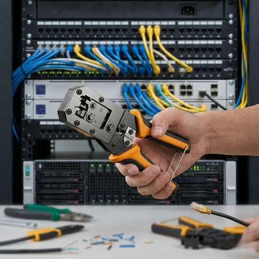 pince à sertir devant baie informatique