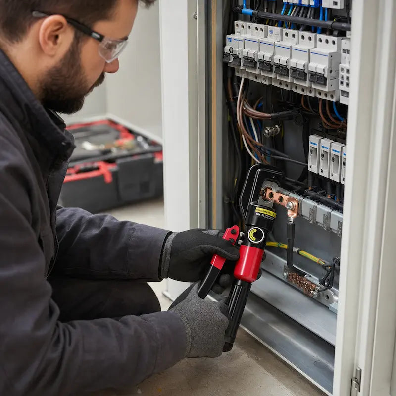 Électricien utilisant une pince à sertir hydraulique YQK-70 dans une armoire électrique