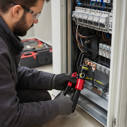 Électricien utilisant une pince à sertir hydraulique YQK-70 dans une armoire électrique