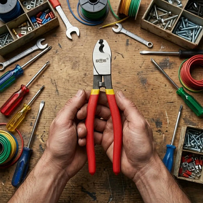 pince coupe cable dans main du bricoleur