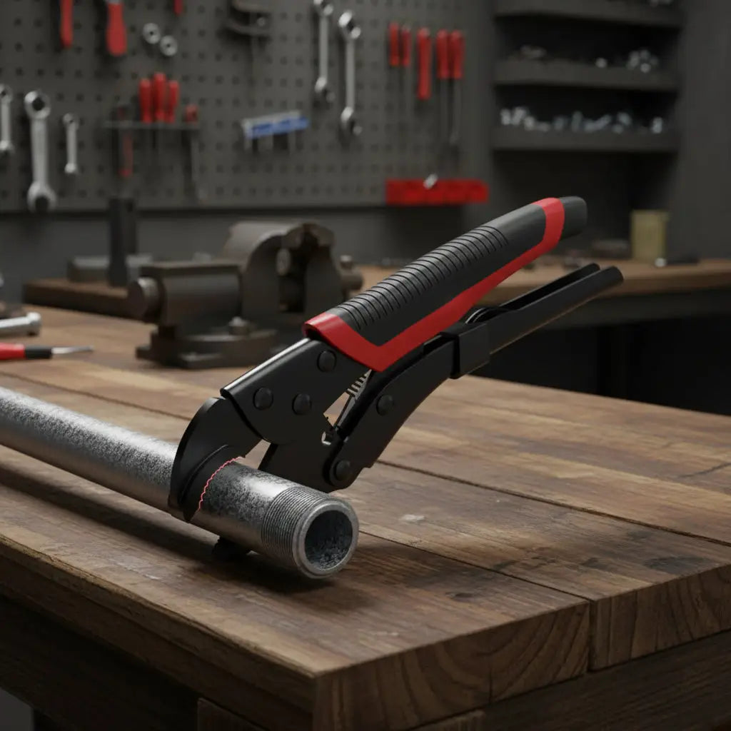 pince etau industrielle dans atelier tenant tube acier