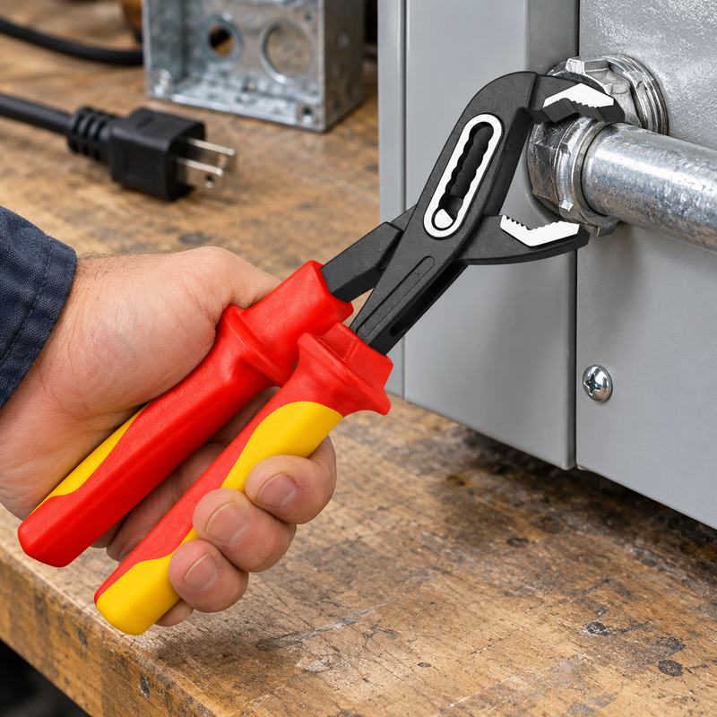 Pince multiprise maintenant un raccord de conduit sur un coffret électrique hors tension