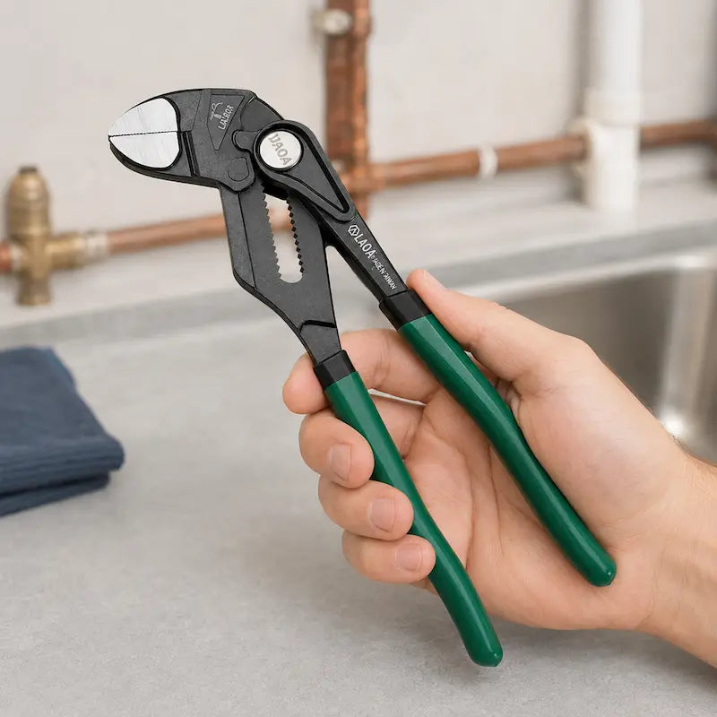 Prise ergonomique d’une pince multiprise plombier pour travailler confortablement