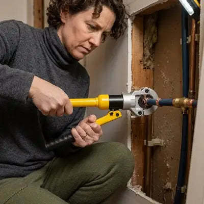 une bricoleuse et sa pince multicouche professionnelle dans sa maison en travaux