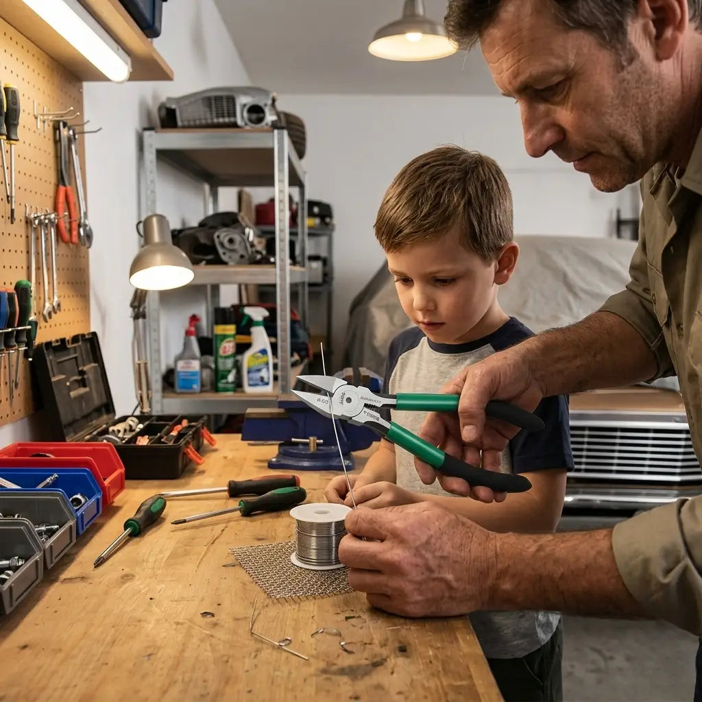 utilisation pince pour couper le metal par papa et son fils