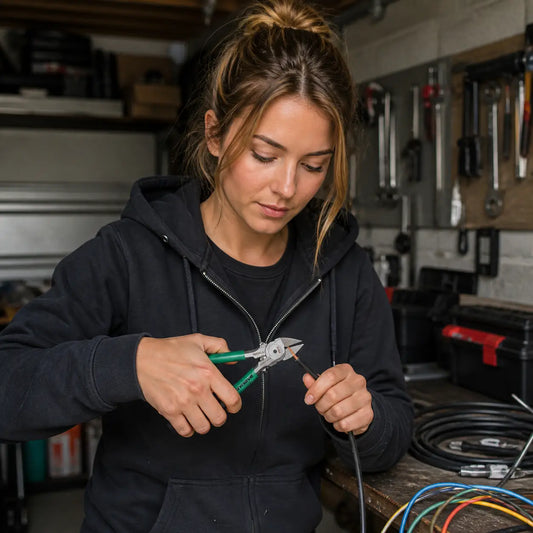 utilisation pince pour couper le metal par une dame